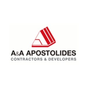 A&A Apostolides logo. Contractors and developers with a red and white geometric icon.