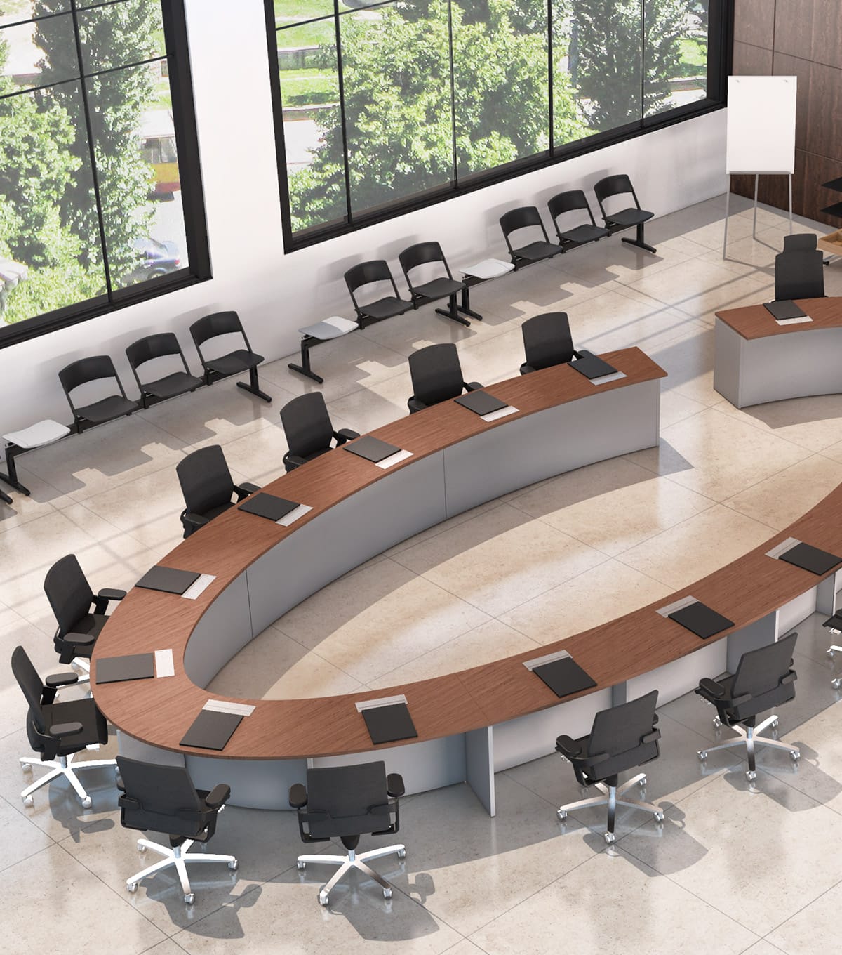 Overhead view of a conference room featuring a U-shaped table from the Cosmos Series by Studio Office.
