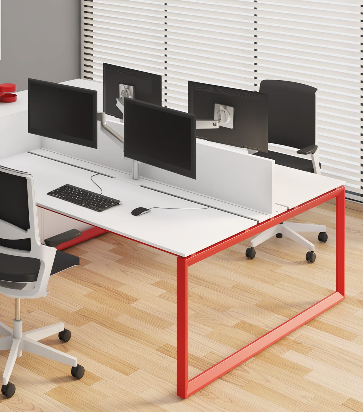 Studio Office Cubiko Series: White desks with red frames, monitors, and office chairs.