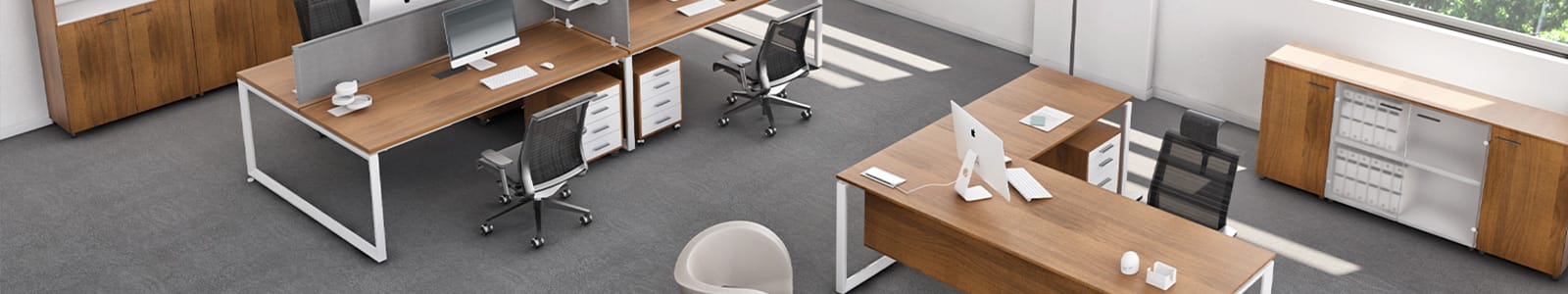 Cubiko PDF Series: Modern office space with desks, chairs, and storage cabinets.
