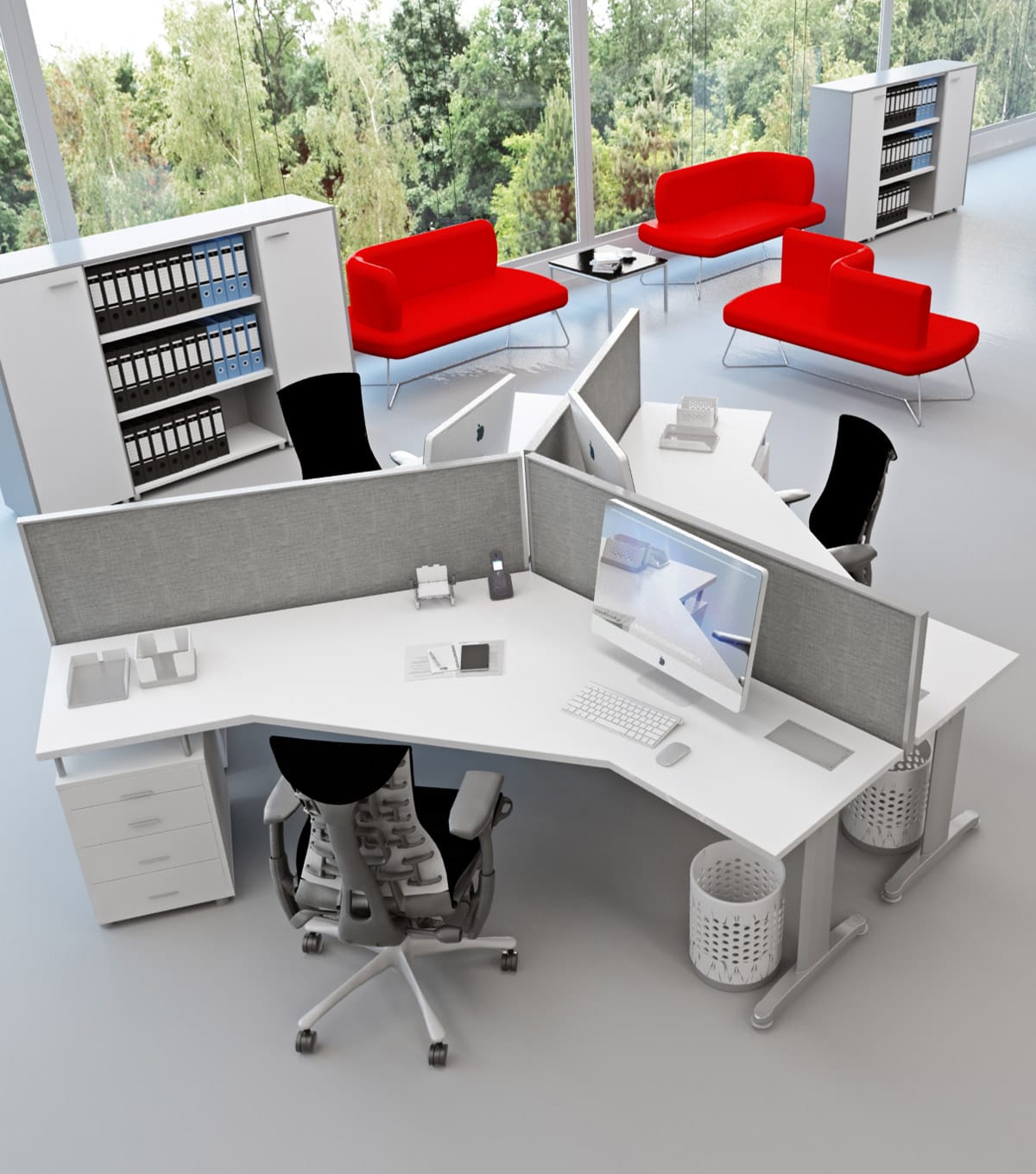 Studio Office Ergo Series: Modern office space with white desks, gray partitions, red sofas, and storage cabinets.