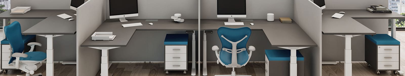 Fly PDF Series: Office cubicles with adjustable desks and ergonomic chairs.