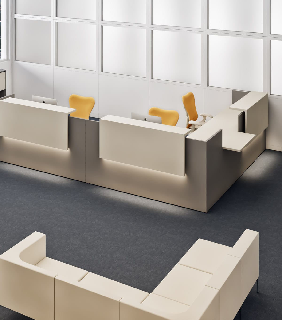 Studio Office Hello Series reception desk with yellow chairs and modular waiting area seating.