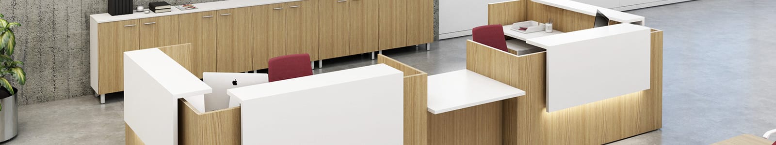 Hello PDF Series header image: Modern office reception desks with white tops and wood-grain panels.