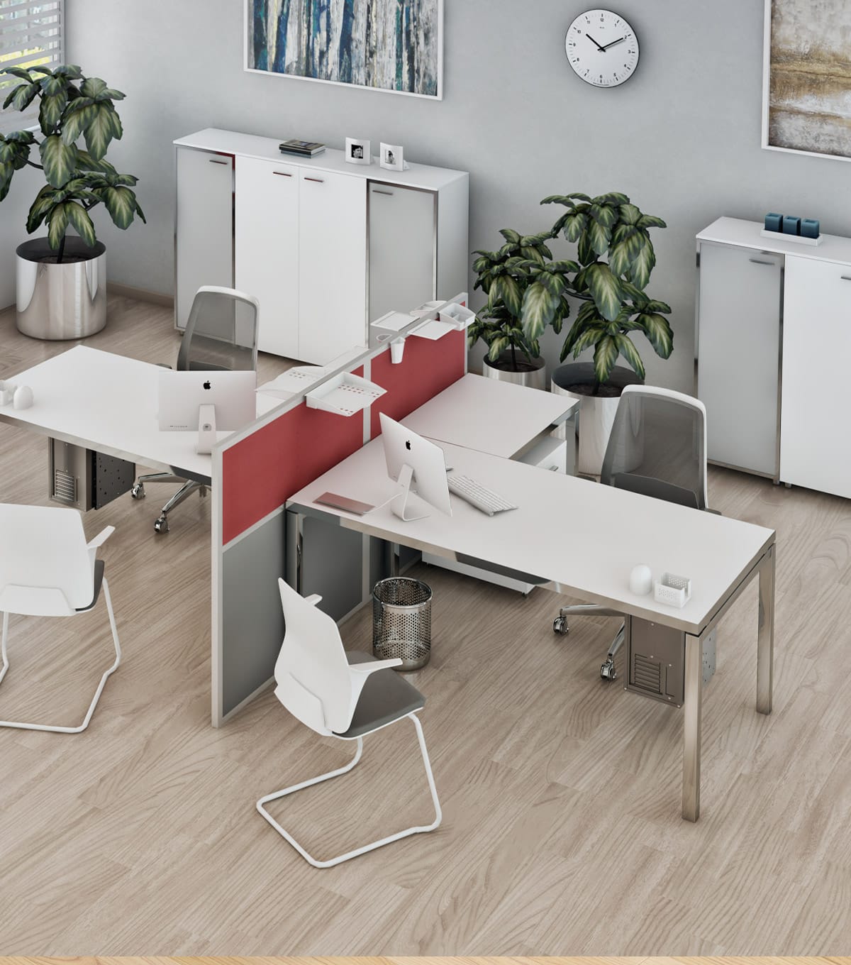 Studio Office I-Work Series: Modern office space featuring modular desks, chairs, storage cabinets, and plants in a bright, contemporary setting.