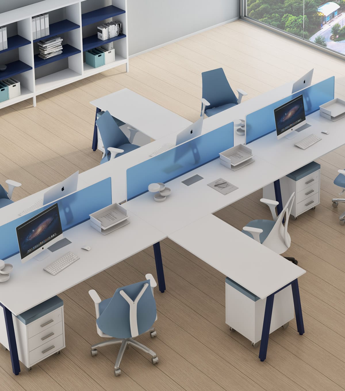 Studio Office's Lamda Series: A modern office space featuring white desks, blue chairs, and blue dividers.