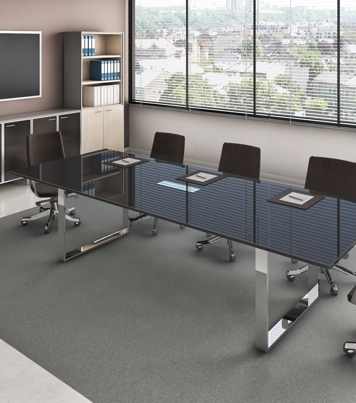 Studio Office Leader Series conference room with black table and modern design.