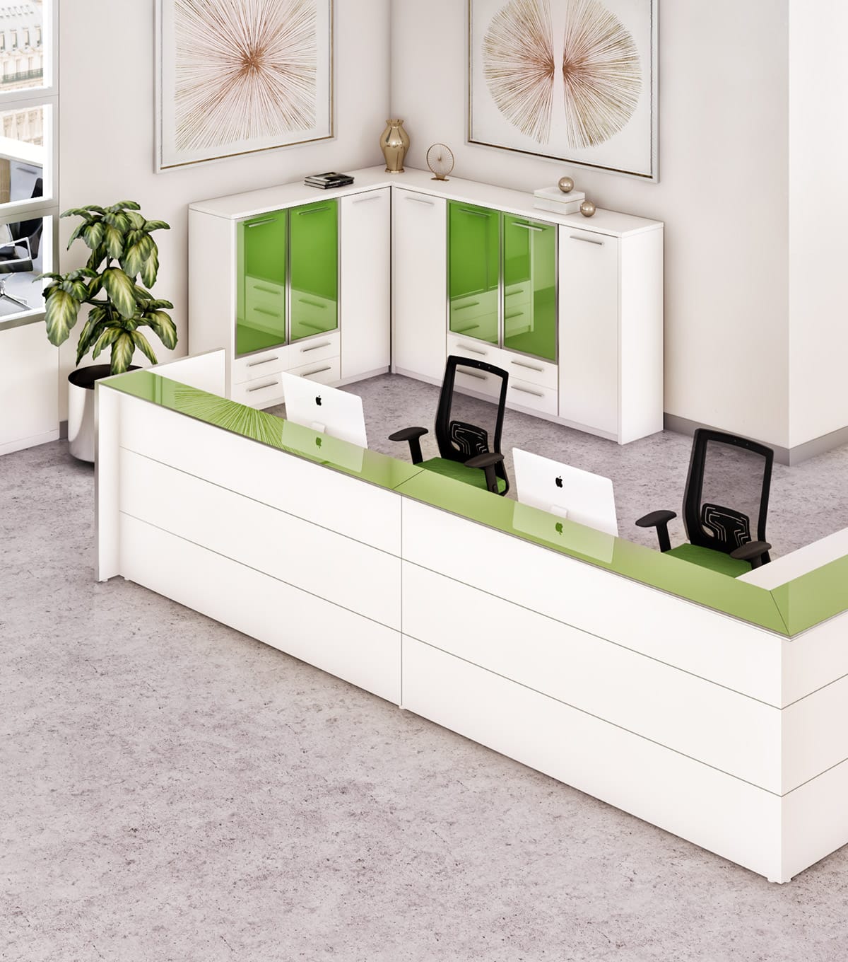 Studio Office Lobby Series: White reception desk with green accents, office chairs, and storage cabinets.