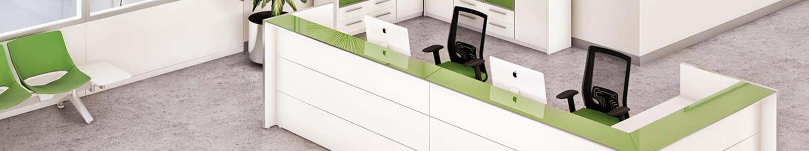 Lobby PDF Series Header Image: Modern reception area with green accents and waiting chairs.