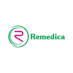 Remedica logo. Green circle with pink R and green text. Our Clients.