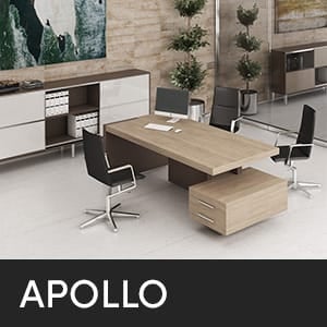 APOLLO studio office download. Modern office with desk, chairs, storage, computer, and decorative plants.