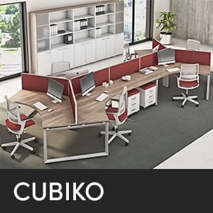 CUBIKO studio office with desks, chairs, and storage. Modern workspace design.