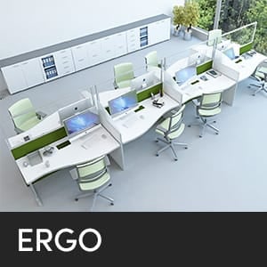 ERGO studio office download: Modern ergonomic office desks with green chairs and dividers.