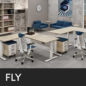 FLY studio office with desks, chairs, and blue sofas. Modern office furniture.