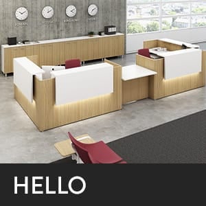 Studio office download. Reception desks with white tops and wood paneling. Wall clocks display London, Moscow, and Hong Kong time.