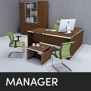 Studio office for a MANAGER, featuring a desk, chairs, computer, and storage cabinet.
