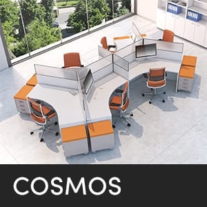 Overhead view of a modern Cosmos studio office with orange chairs and white desks.
