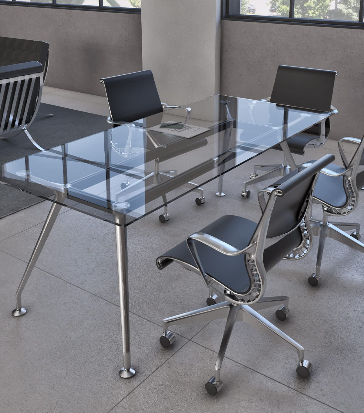 Studio Office Stylus Series: A large glass conference table with black leather chairs.