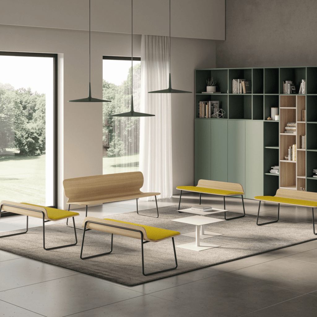 Modern waiting area featuring Kastel's Kendra Bench with oak shells, yellow upholstery, and black frames.
