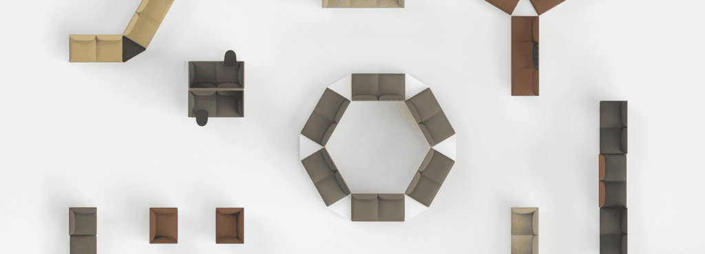 Overhead view of modular Key Join sofa arrangements in neutral tones.
