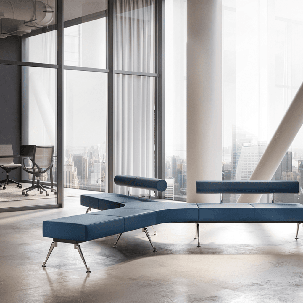 Modern blue Kuros 90 bench with metal legs. Modular seating for social spaces.