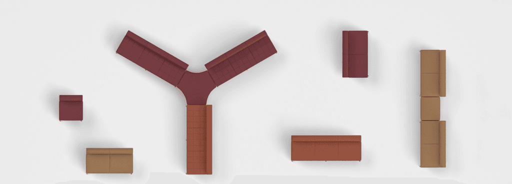Modular Kuros 90 bench seating system in terracotta and tan upholstery, aerial view. Social & relaxed spaces.