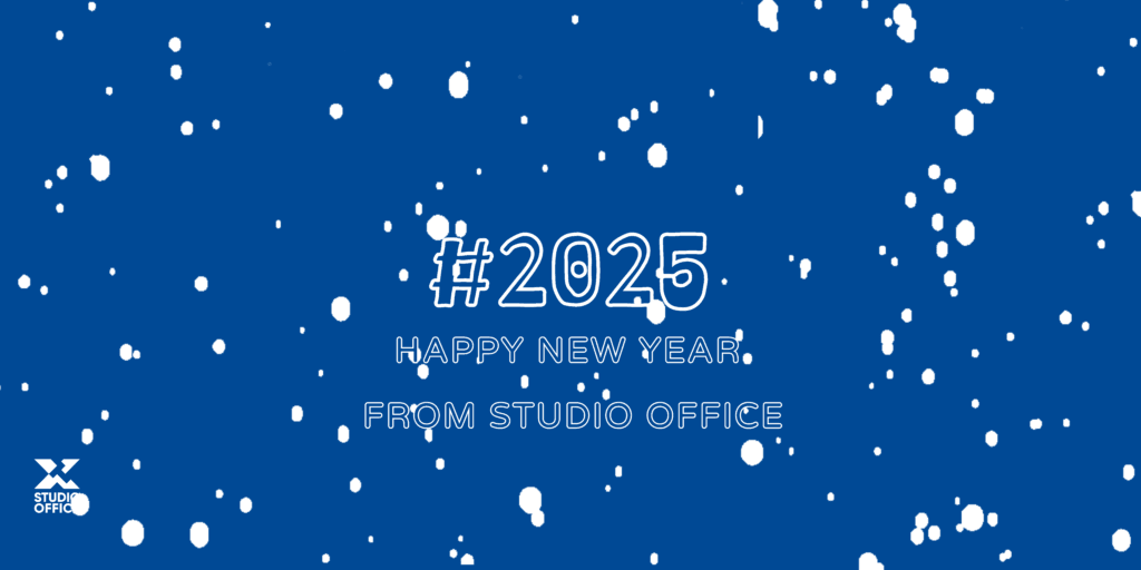 Welcoming 2025 banner. Blue background with white snow, #2025 Happy New Year From Studio Office in white text.