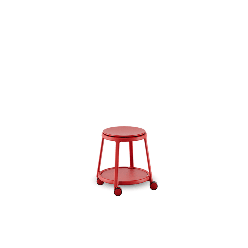 Red Round&Roll stool by Infiniti, featuring a built-in storage basket and durable steel frame.
