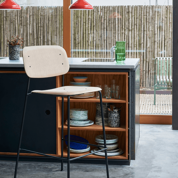 HAY Soft Edge 90 bar stool. Minimalist design with wood seat/back and steel legs. Perfect for modern spaces.