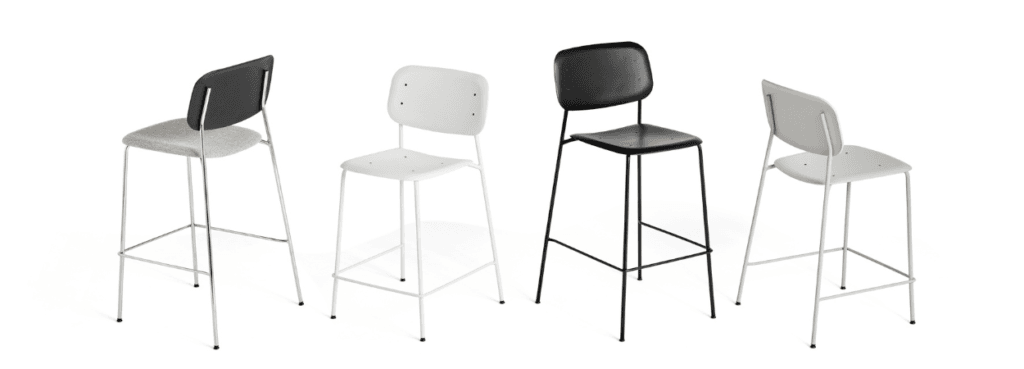 HAY Soft Edge 95 bar stools. Modern design with steel legs and plastic seat/back in black, white, and gray.
