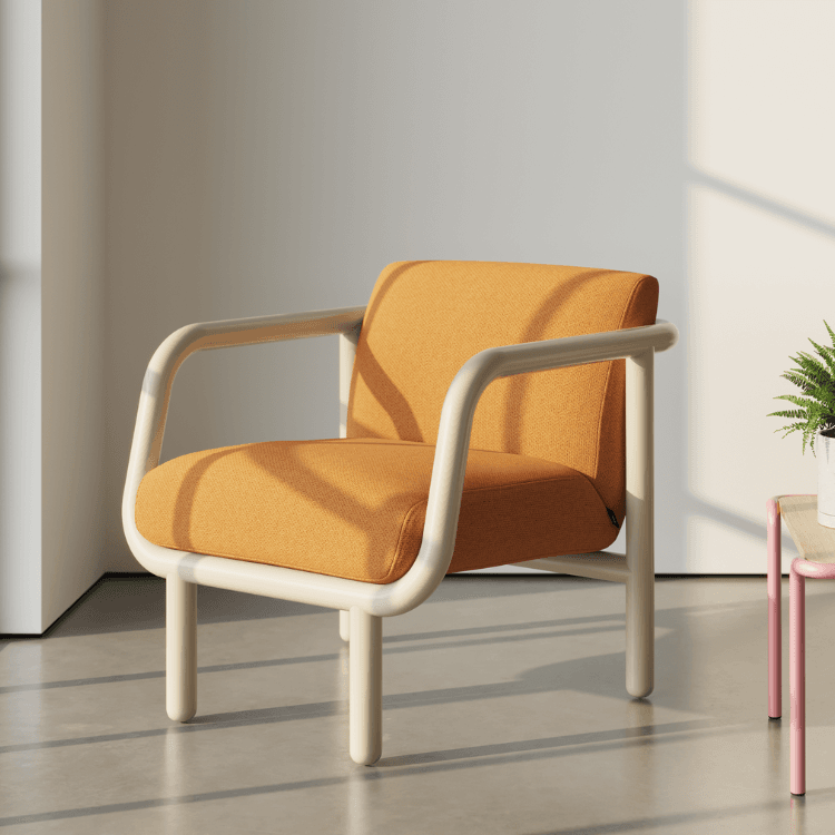 NaughtOne Percy Lounge Chair, orange fabric with a light wood frame, modern style.