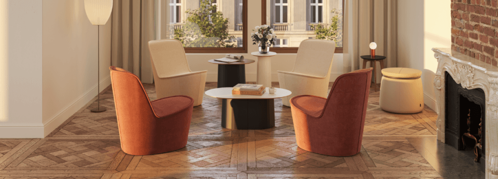 Modern living space featuring NaughtOne Pippin Chair in orange and beige.