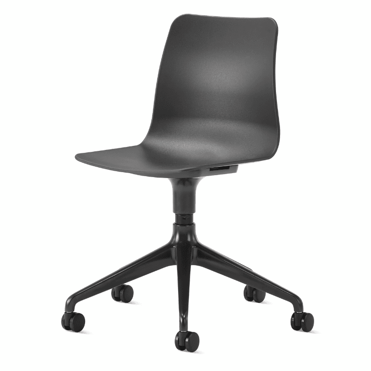 Modern black Polly Chair with a 5-star base and wheels, perfect for private offices and task seating.