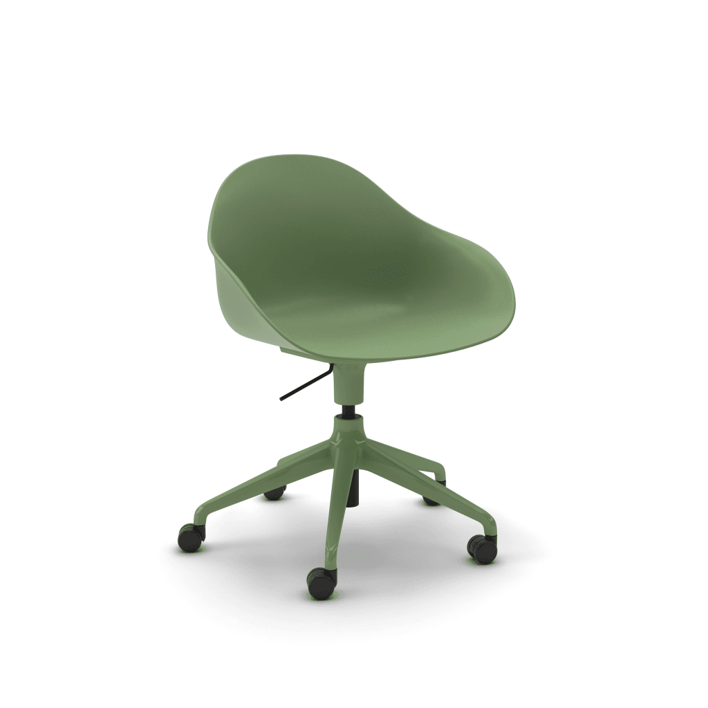 Sage green Ruby Chair by NaughtOne. Sustainable, curvaceous design with versatile base options. Task chair.