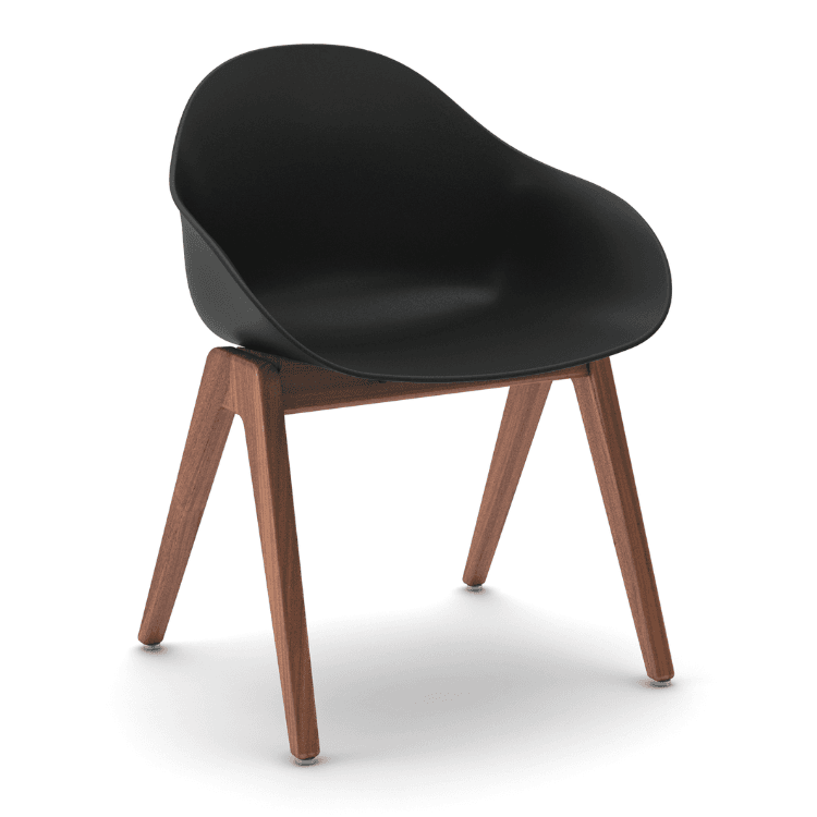 Modern Ruby Wood chair. Black shell, wood base. Stylish seating.