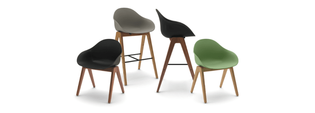 Ruby Wood chair collection. Modern seating with wood legs and colorful polypropylene seat shells.