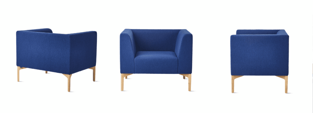 Three angles of the blue NaughtOne Symbol Lounge Chair with wood legs.