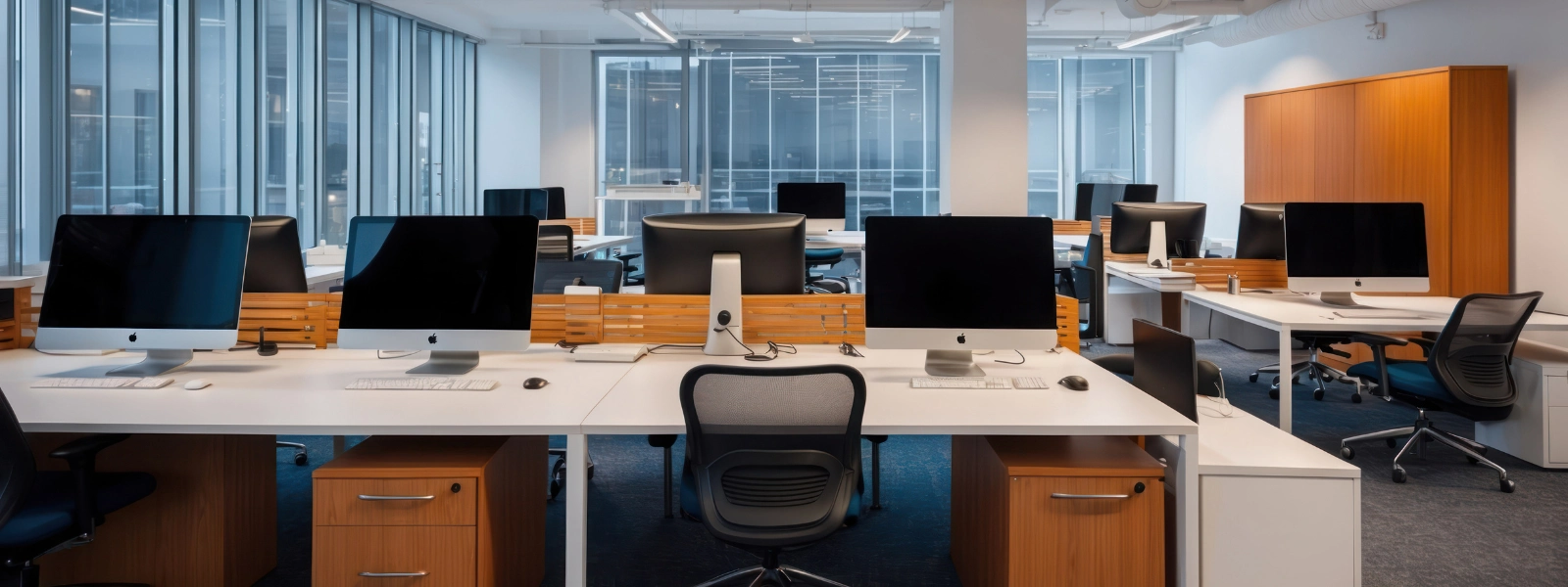 Office with custom storage cabinets and desks for maximizing organisation.