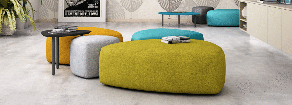Contemporary GOGO Pouf seating in yellow, gray, and blue. Versatile, soft lounge furniture for modern spaces.