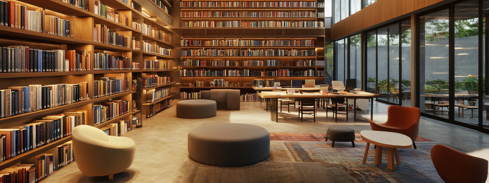 School Library interior with modular furniture in Cyprus. Bookshelves and study areas.