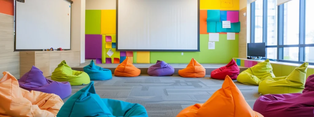 K-12 collaborative learning space with colorful beanbag chairs and a projector screen for flexible school library designs.