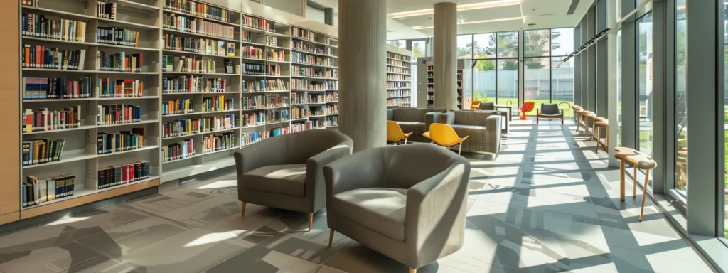 Modern library study area with functional furniture, bookshelves, and natural light.
