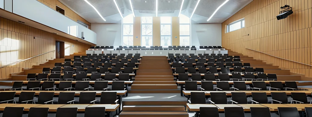 Modern collaborative lecture hall design featuring tiered seating, ample natural light, and a spacious layout for university students.