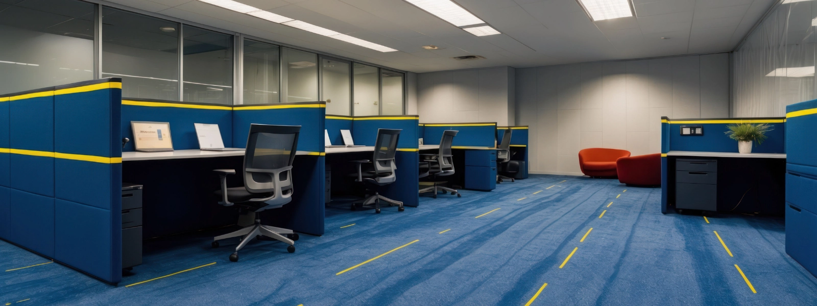 Modern office cubicles in Cyprus designed for productivity and collaboration. Open-plan workspace with blue office-cubicle.webp