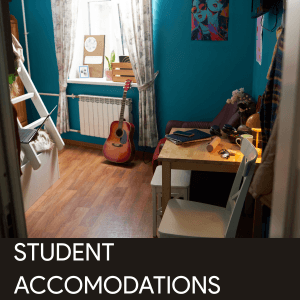 Cozy student room with guitar, bed, desk, and personal items. Ideal living space for student downloads.