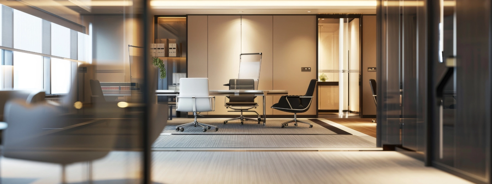 Aesthetic office setup featuring modern desk, ergonomic chairs, and stylish interior design for a top office design idea.