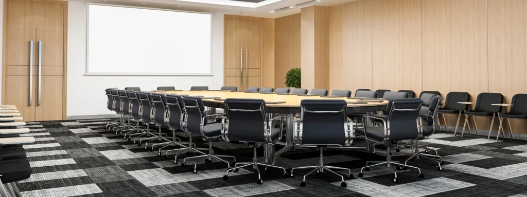 Investing in a good desk: Modern conference room with large desk, black chairs, and projector screen. Workspace transformation.