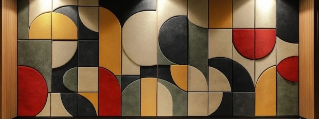 Colorful geometric acoustic panels on an office wall, designed to reduce noise and improve workplace comfort in modern interiors.