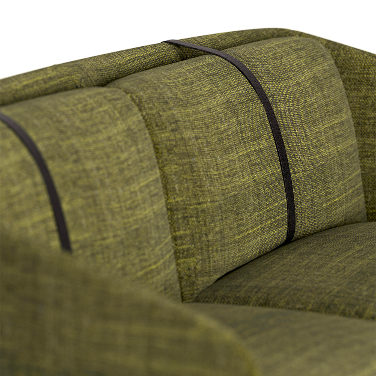 Demoiselle sofa by Infiniti, upholstery and leather belt detail.