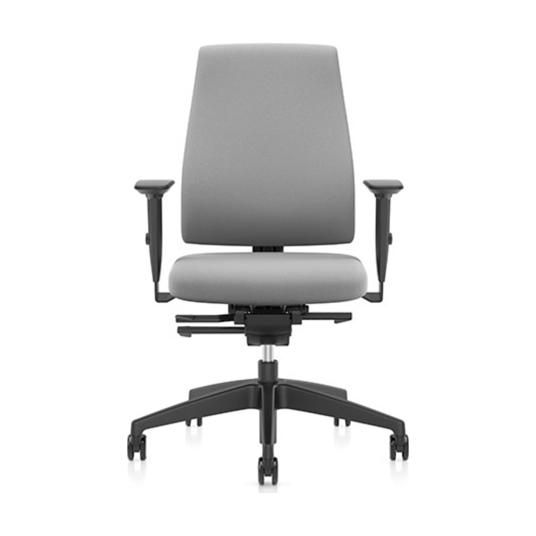 Goal task chair by Interstuhl in grey upholstery on a black five-star base.